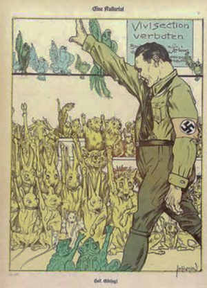 Karikaturtegning af Herman Göring, der i sommeren 1933 forbød dyreforsøg i Preussen. Dyreforsøg blev dog senere tilladt igen, men under en strammere lovgivning end tidligere. Foto: © Kladderadatsch.